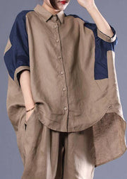 Khaki Patchwork Cotton Loose Two Pieces Set Low High Design Batwing Sleeve