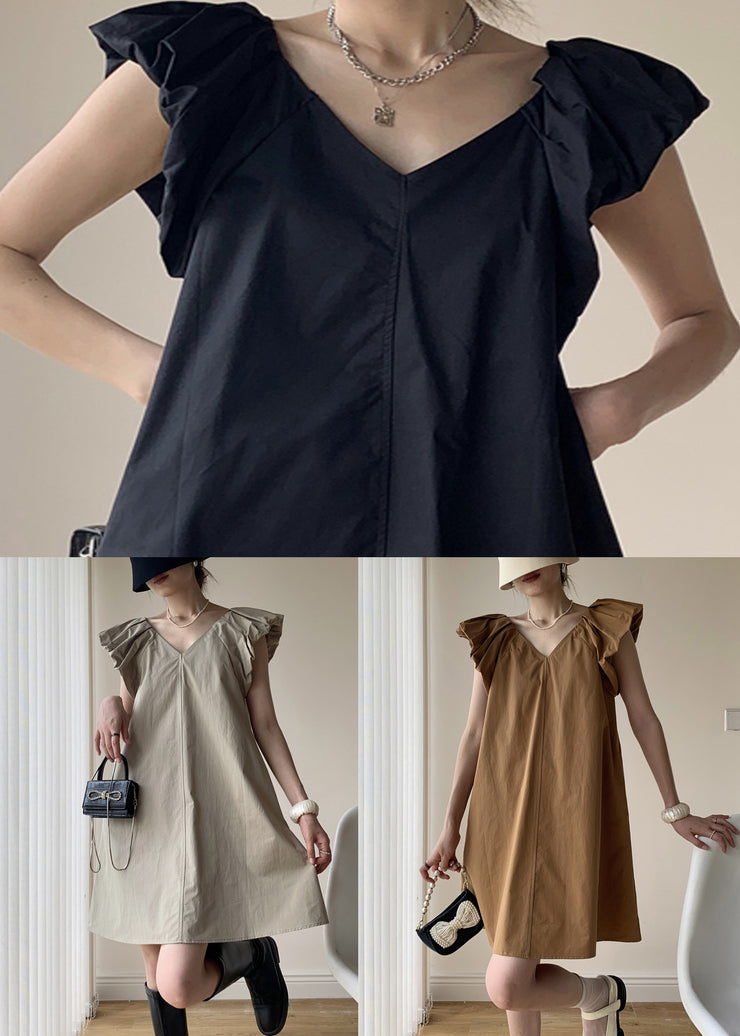 Khaki Patchwork Cotton Mid Dresses V Neck Wrinkled Summer