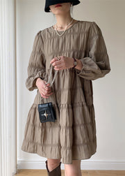 Khaki Patchwork Cotton Mid Dresses Wrinkled O Neck Fall