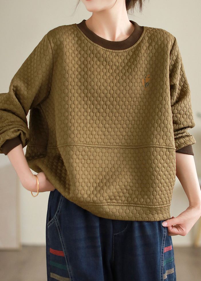 Khaki Patchwork Cotton Pullover Sweatshirt Embroidered O Neck Fall