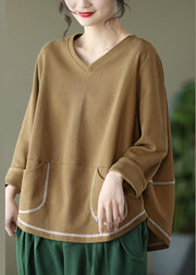 Khaki Patchwork Cotton Pullover Sweatshirt Pockets Waffle Long Sleeve