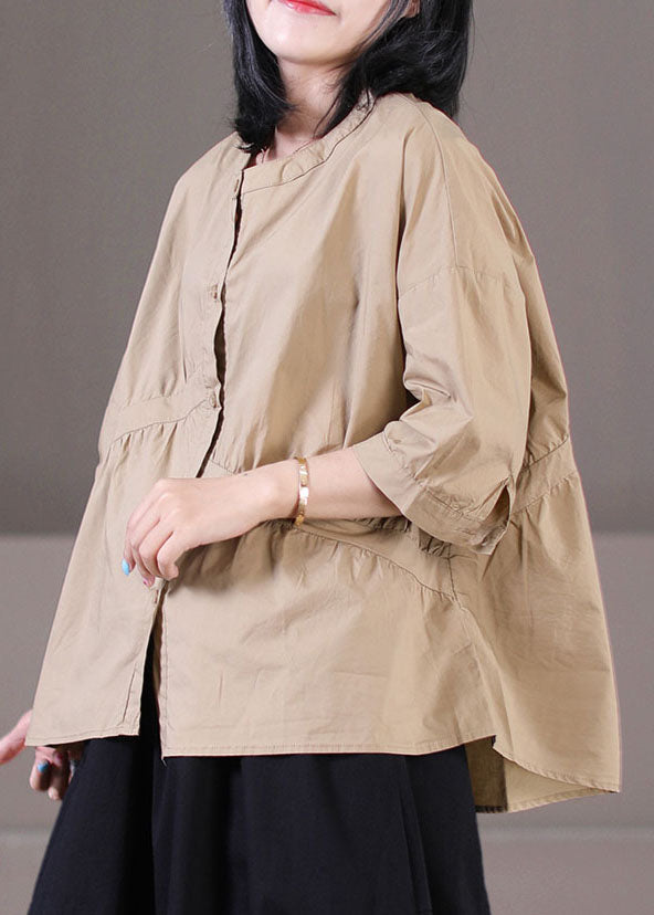 Khakifarbenes Patchwork-Hemd aus Baumwolle, zerknitterte, übergroße, halbe Ärmel