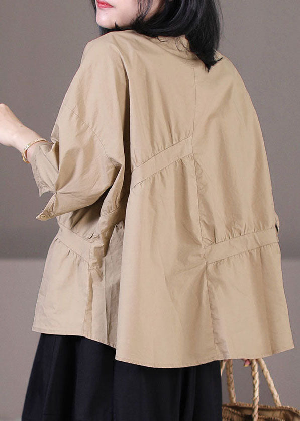 Khaki Patchwork Cotton Shirt Tops Wrinkled Oversized Half Sleeve