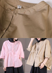Khaki Patchwork Cotton Shirt Tops Wrinkled Oversized Half Sleeve