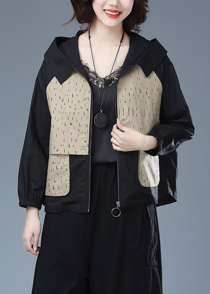 Khaki Patchwork Cotton Tops Coat Hooded Zippered Print Long Sleeve