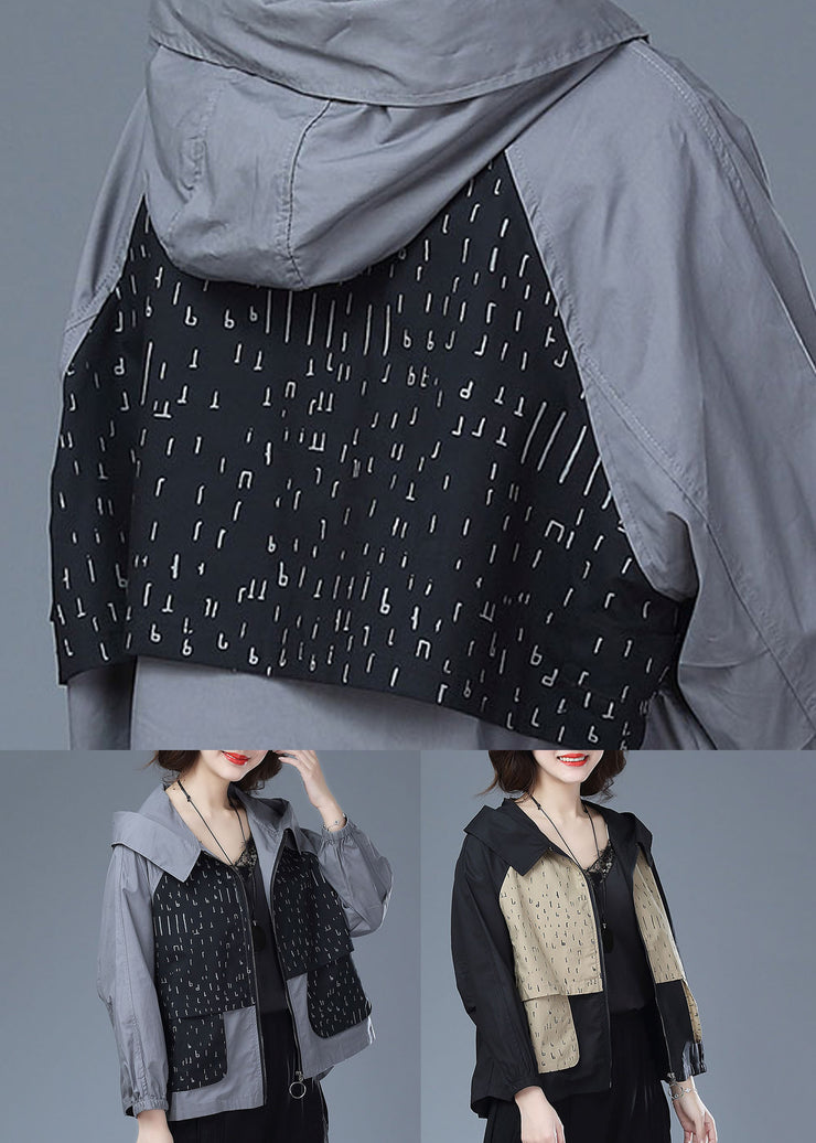 Khaki Patchwork Cotton Tops Coat Hooded Zippered Print Long Sleeve