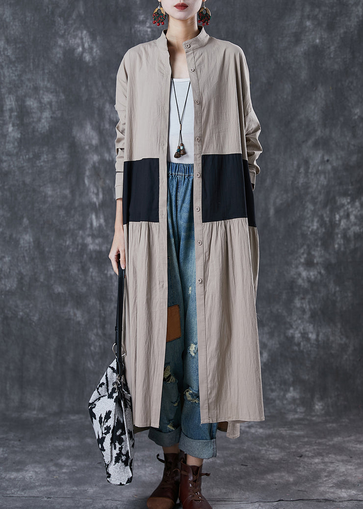 Khaki Patchwork Cotton Trench Coats Stand Collar Spring