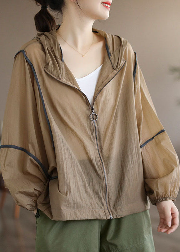 Khaki Patchwork Cotton UPF 50+ Coat Hooded Oversized Long Sleeve