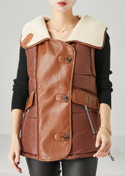 Khaki Patchwork Faux Leather Fine Cotton Filled Vests Oversized Spring