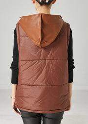Khaki Patchwork Faux Leather Fine Cotton Filled Vests Oversized Spring