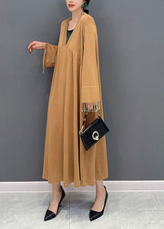 Khaki Patchwork Knit Ankle Dress Oversized Tassel Spring