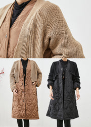 Khaki Patchwork Knit Fine Cotton Filled Puffers Jackets V Neck Pockets Winter