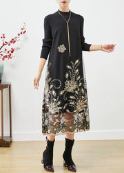 Khaki Patchwork Knit Holiday Dresses Embroidered Fall