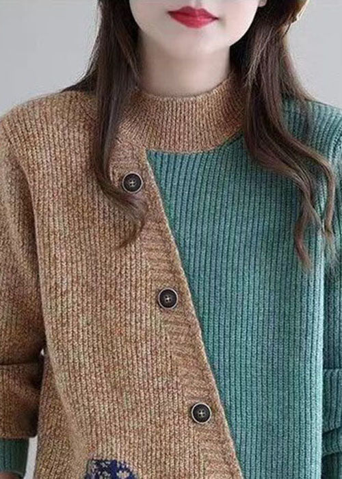 Khaki Patchwork Knit Sweater Tops Asymmetrical Design Applique Winter
