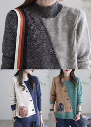 Khaki Patchwork Knit Sweater Tops Asymmetrical Design Applique Winter