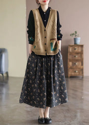 Khaki Patchwork Knit Womens Vest Applique Pockets Spring