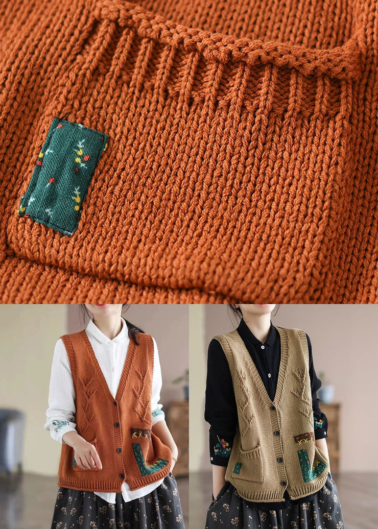 Khaki Patchwork Knit Womens Vest Applique Pockets Spring