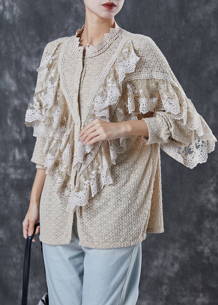 Khaki Patchwork Lace Blouses Ruffled Hollow Out Spring