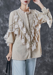 Khaki Patchwork Lace Blouses Ruffled Hollow Out Spring