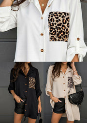 Khaki Patchwork Leopard Print Cotton Women's Shirt Draping Long Sleeve
