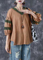 Khaki Patchwork Linen Blouse Top V Neck Hollow Out Puff Sleeve