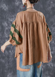 Khaki Patchwork Linen Blouse Top V Neck Hollow Out Puff Sleeve