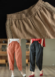 Khaki Patchwork Linen Crop Pants Elastic Waist Oversized Pockets Spring