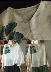 Khaki Patchwork Linen Loose Blouse Tops Print Batwing Sleeve