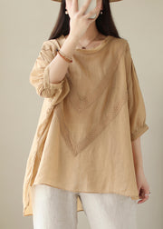 Khaki Patchwork Linen Shirt Oversized Low High Design Summer