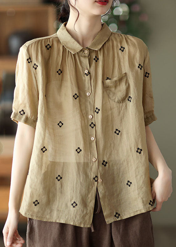 Khaki Patchwork Linen Shirt Tops Wrinkled Pocket Short Sleeve