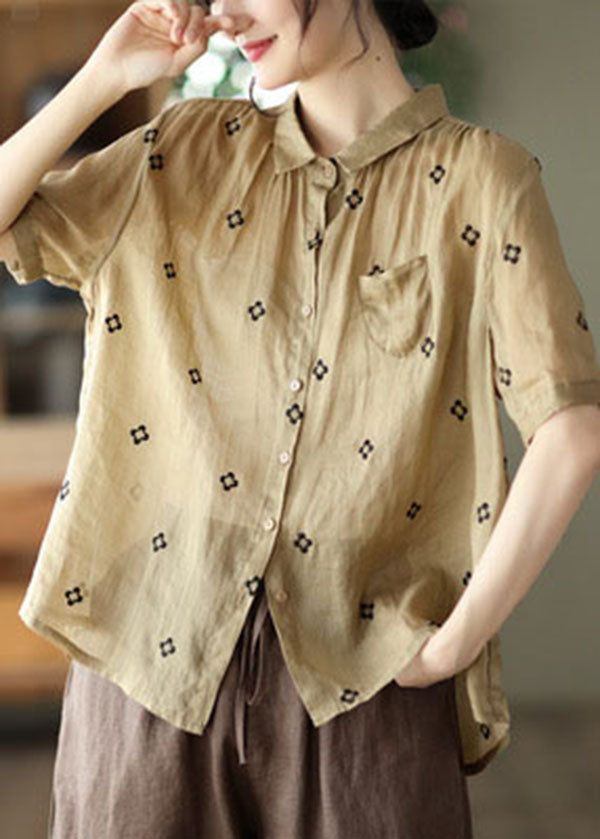 Khaki Patchwork Linen Shirt Tops Wrinkled Pocket Short Sleeve