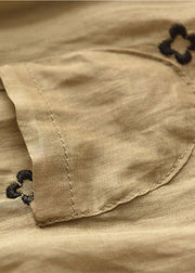 Khaki-Patchwork-Leinen-Hemd-Tops, zerknitterte Tasche, kurze Ärmel