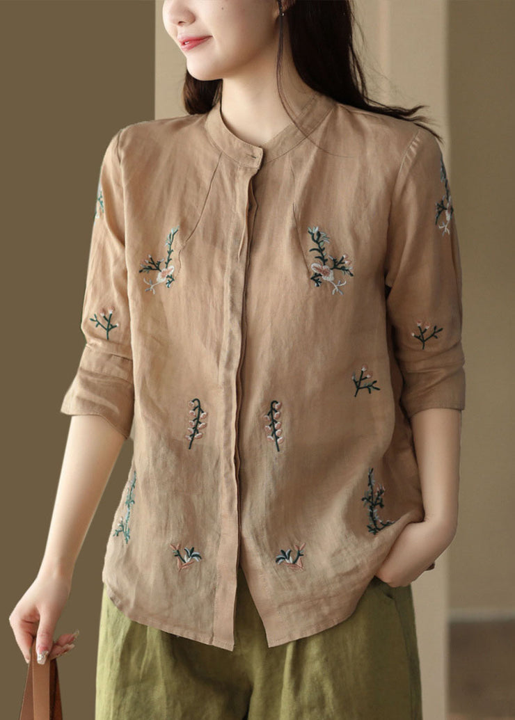 Khaki Patchwork Linen Tops Embroidered Stand Collar Button Summer