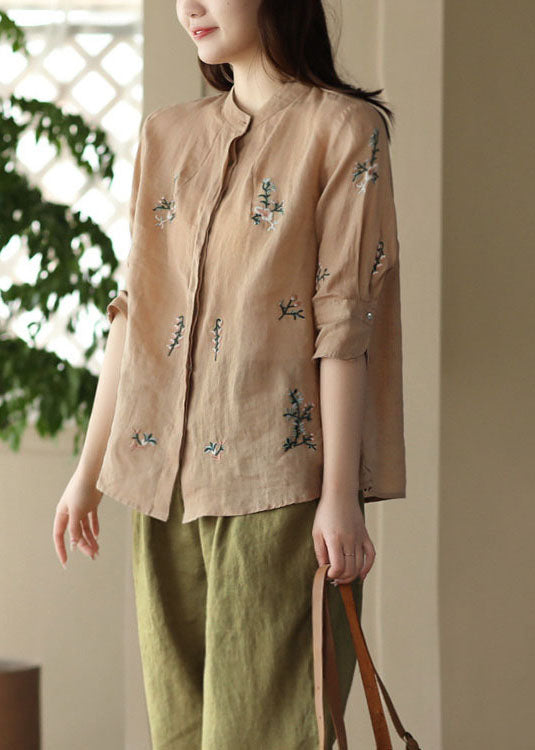 Khaki Patchwork Linen Tops Embroidered Stand Collar Button Summer