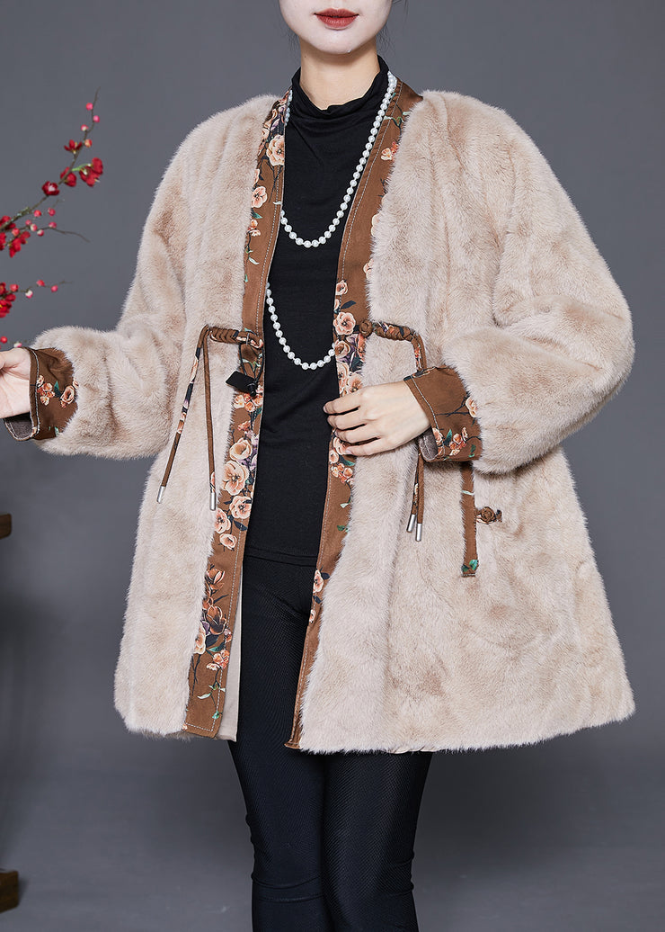 Khaki Patchwork Mink Velvet Coats Tasseled Chinese Button Winter