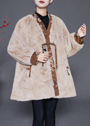 Khaki Patchwork Mink Velvet Coats Tasseled Chinese Button Winter