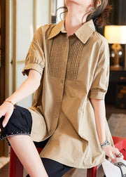 Khaki Patchwork Shirts Cotton Top Peter Pan Collar Wrinkled Short Sleeve