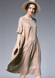 Khaki Patchwork Silk Mid Dress Wrinkled Solid Color Short Sleeve