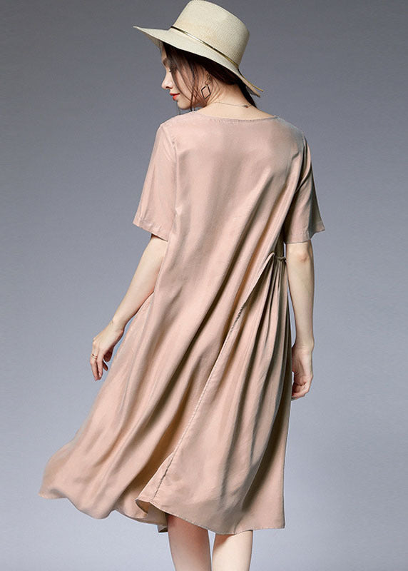Khaki Patchwork Silk Mid Dress Wrinkled Solid Color Short Sleeve