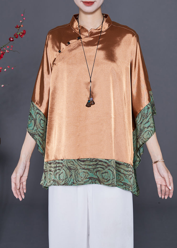 Khaki Patchwork Silk Shirt Top Mandarin Collar Batwing Sleeve
