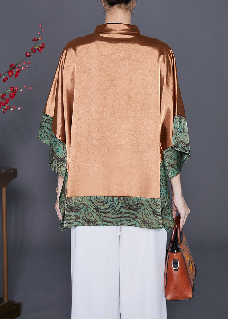 Khaki Patchwork Silk Shirt Top Mandarin Collar Batwing Sleeve