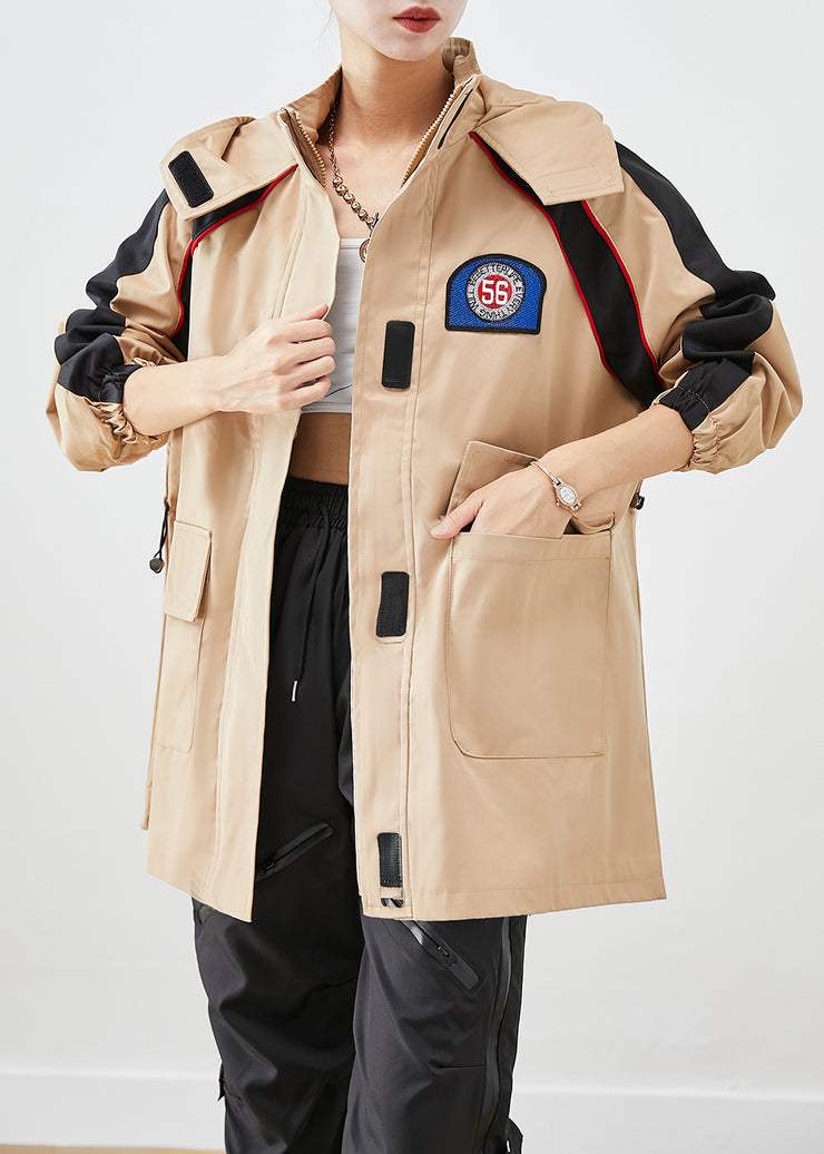 Khaki Patchwork Spandex Jacket Oversized Hooded Fall