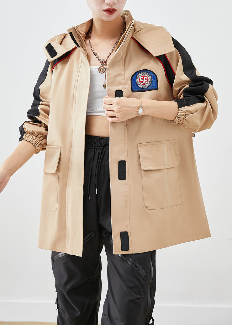 Khaki Patchwork Spandex Jacket Oversized Hooded Fall