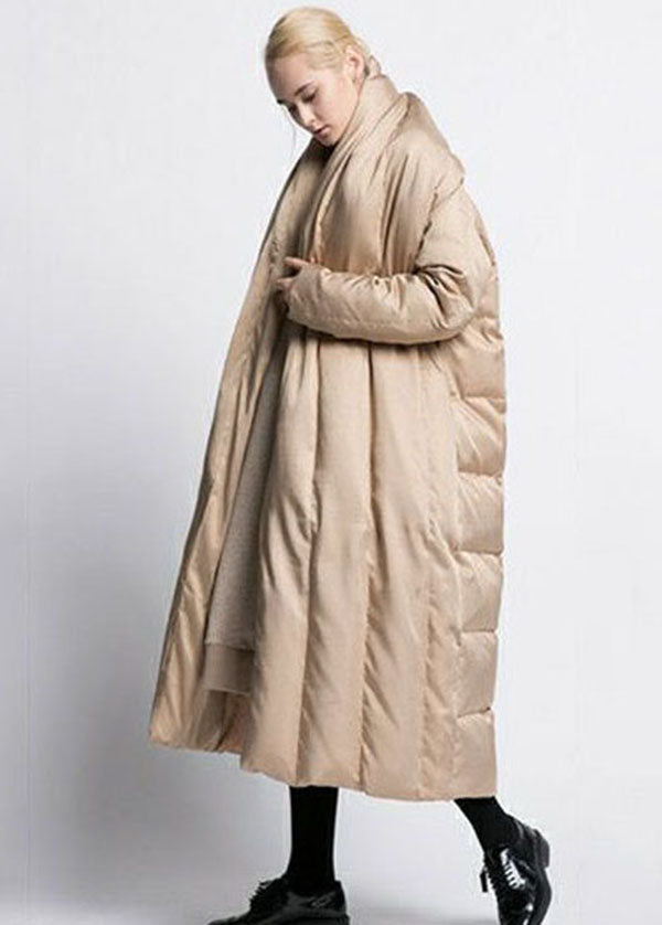 Khaki Patchwork Warm Duck Down Puffer Jacket V Neck Oversized Winter
