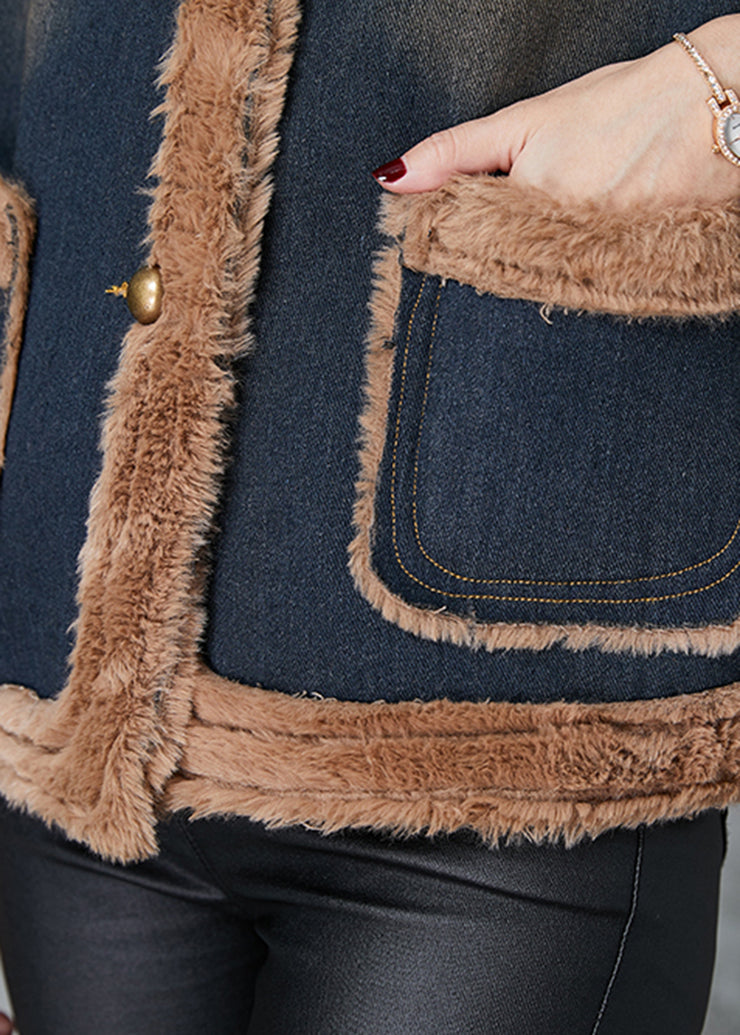 Khaki Patchwork Warm Fleece Denim Vests Oversized Pockets Spring