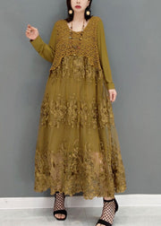 Khaki Patchwork lace Long Dresses O-Neck Embroidered Long Sleeve