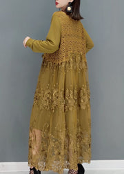 Khaki Patchwork lace Long Dresses O-Neck Embroidered Long Sleeve