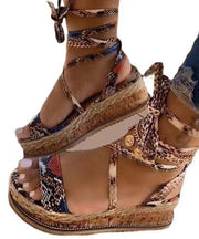Khaki Peep Toe Faux Leather Splicing Lace Up Platform Sandals