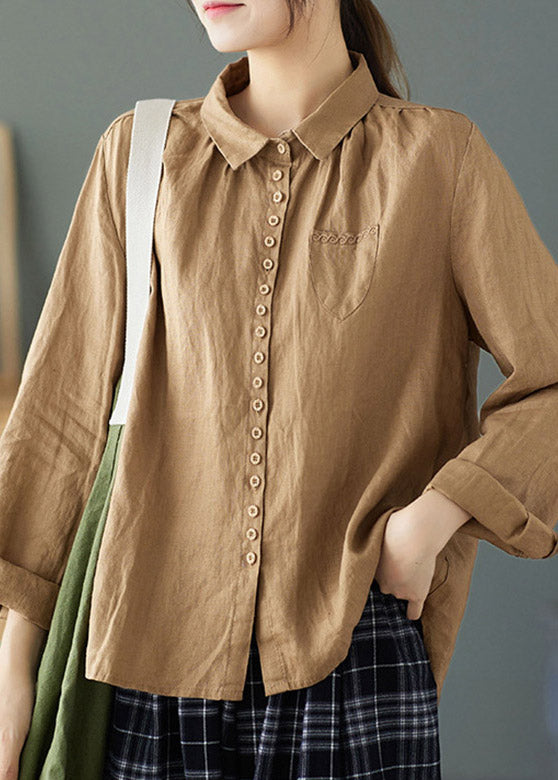 Khaki Peter Pan Collar Button Linen Shirt Long Sleeve