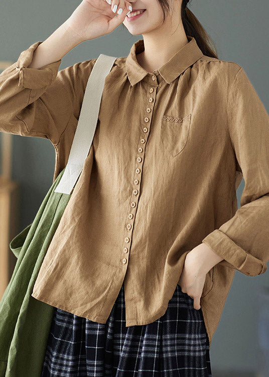 Khaki Peter Pan Collar Button Linen Shirt Long Sleeve